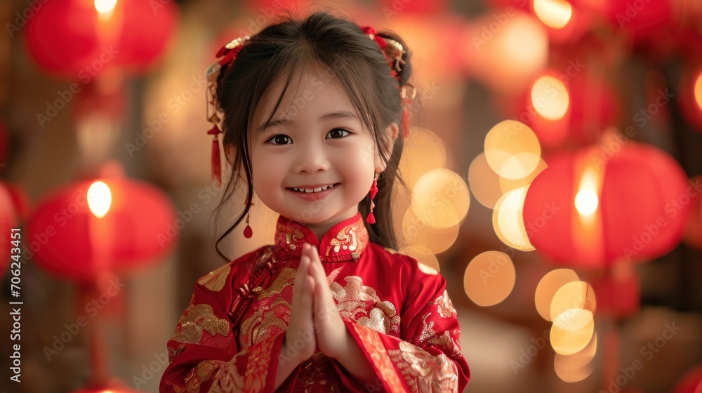 A Chinese girl wears the national costume or cheongsam on Chinese New Year with red Chinese lanterns in the background. A cute girl smiles and wishes you a Happy New Year A Chinese girl wears the national costume or cheongsam on Chinese New Year with red Chinese lanterns in the background. A cute girl smiles and wishes you a Happy New Year