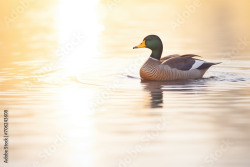 duck silhouette on still water with sun flare