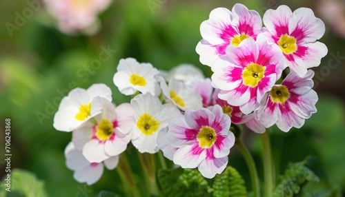 Primrose flower green natural background with copy space