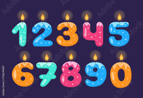 Birthday Candles Numbers Glowing. Cute Kids Party Typo. Children Funny Numbers Lighted Candle. photo