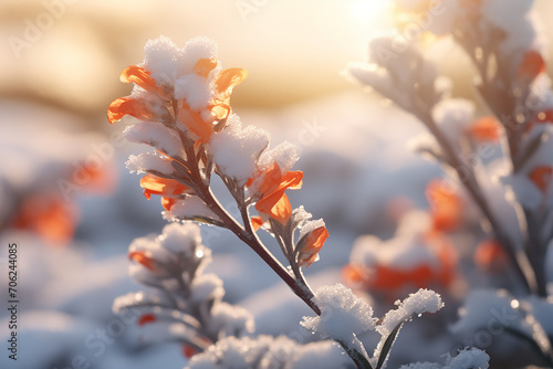 Generative AI Image of Flowering Plants in the Park with Snow Ice in Winter © heartiny