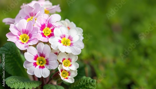 Primrose flower green natural background with copy space