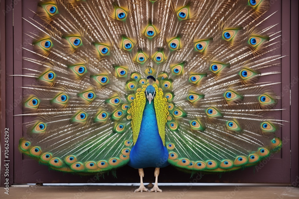 Obraz premium a peacock displaying feathers at an entry