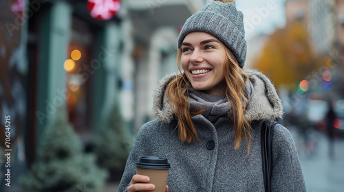 Happy young woman with a smile in a gray vintage coat with a knitted cap with coffee walking outdoors in the city. Made with generative ai photo