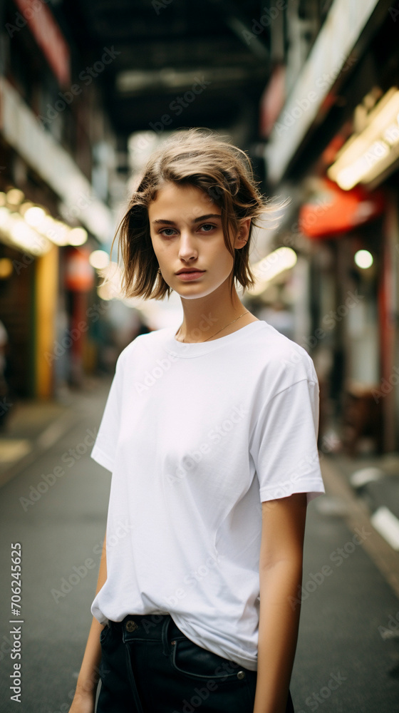 Combini Casuals: Models Flaunting Blank White T-Shirts in Tokyo's Hub, Generative AI