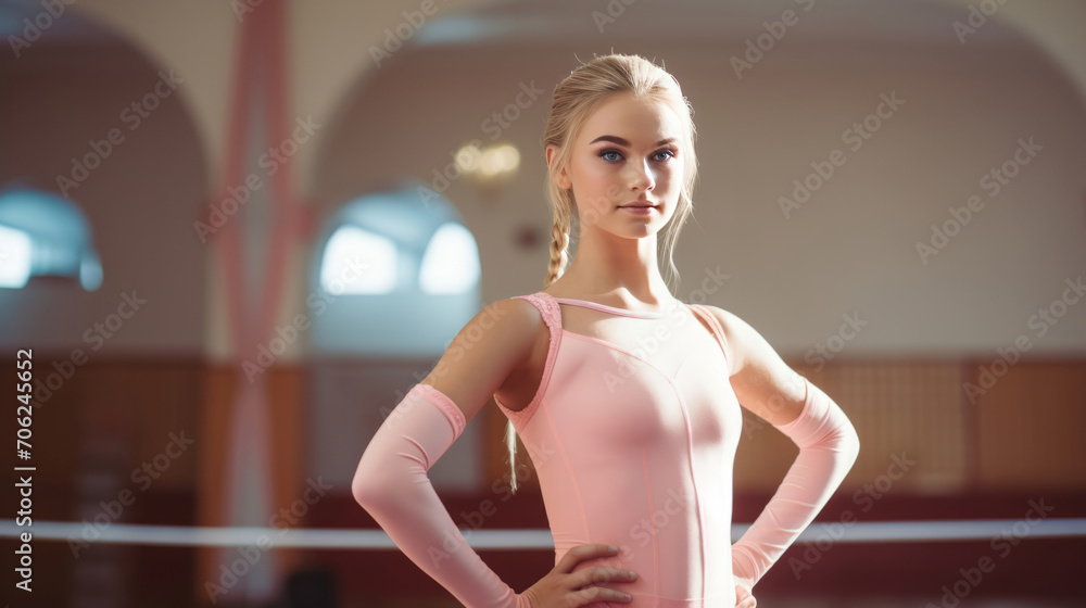 Gymnast, lifestyle and portrait with woman, talent and training in gym for fitness and sports. Thinking, vision and ideas for professional athlete and confidence with gymnastics, exercise and wellnes - obrazy, fototapety, plakaty 