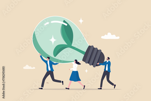 Sustainability, ESG, eco environment friendly or clean energy solution, green renewable power, reuse or recycle ecosystem, green corporate concept, people employees carry ESG, sustainable lightbulb.