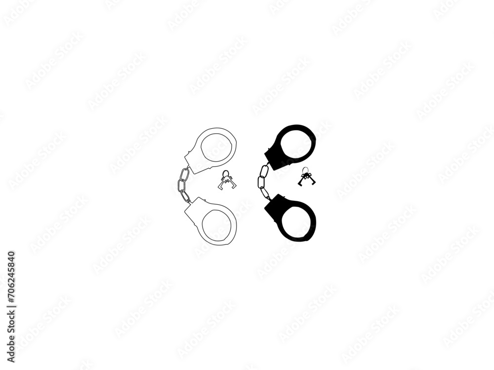 Police handcuffs silhouette. Handcuffs and hand restraints for criminals flat vector icon. A set of handcuffs silhouette with an isolated white background.