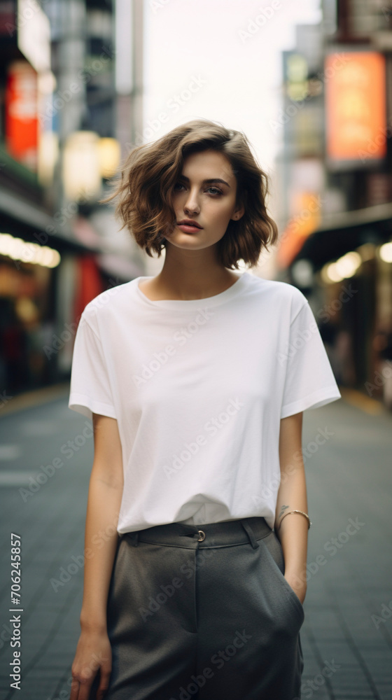 Japanese Street Style: Blank T-Shirt Mockups Amid Tokyo's Bustle, Generative AI