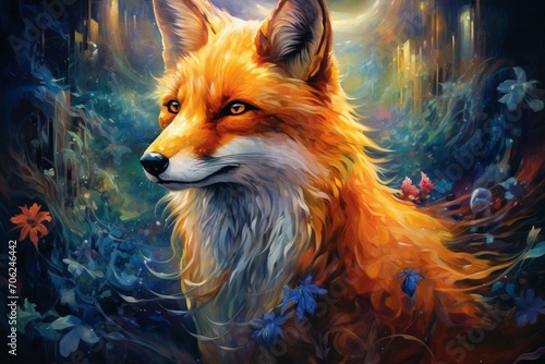 A majestic fox with extraordinary powers and a spiritual presence in a captivating universe. Generative AI photo