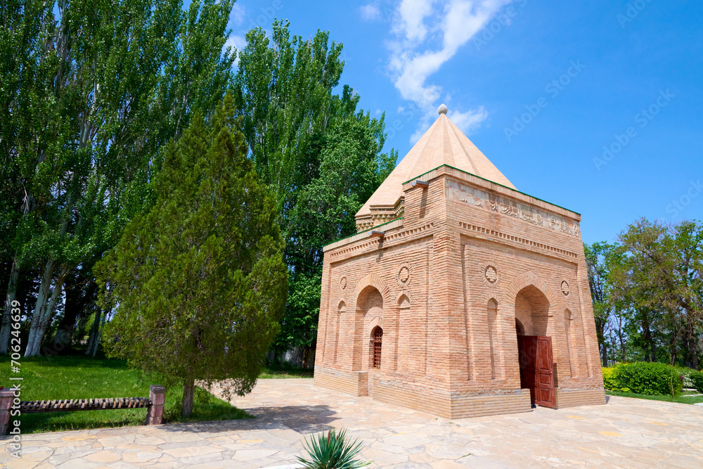 The mausoleum of Babaja Khatun.
The mausoleum of Babaja Khatun is located in the Zhambyl region of Kazakhstan. The mausoleum is located in close proximity to the Aisha Bibi mausoleum.