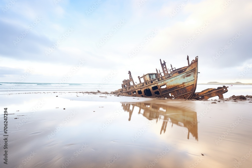 derelict shipwreck on a deserted beach with waves crashing