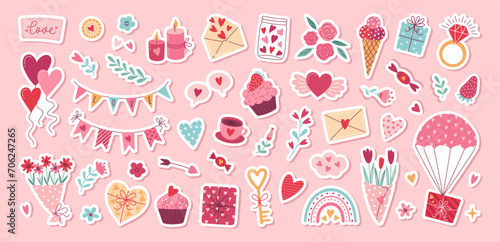 Valentine's day vector stickers set. Gift, heart, balloon, envelope, dessert, floral bouquets, candy and others other traditional decorations. Cartoon style. Perfect for poster and greeting cards.
