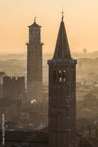 Church towers at sunset in Verona, Italy