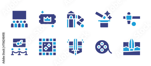 Entertainment icon set. Duotone color. Vector illustration. Containing vip, magic, theater, board game, movie, museum, medieval, surf, playground, table football.