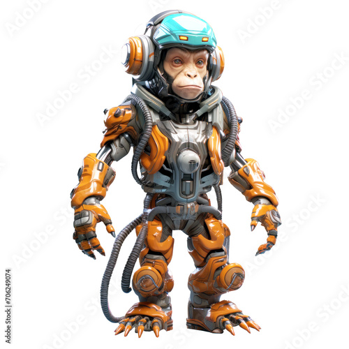 Monkey cyborg robot with headphones mechanical body, isolated on transparent background