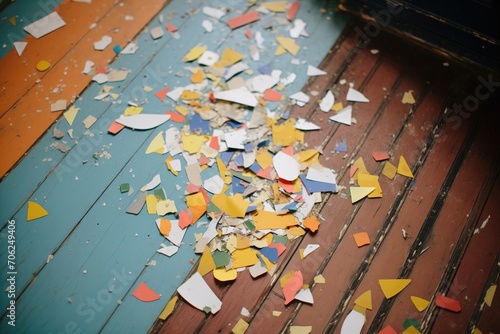confetti-covered floor with aged performance flyers