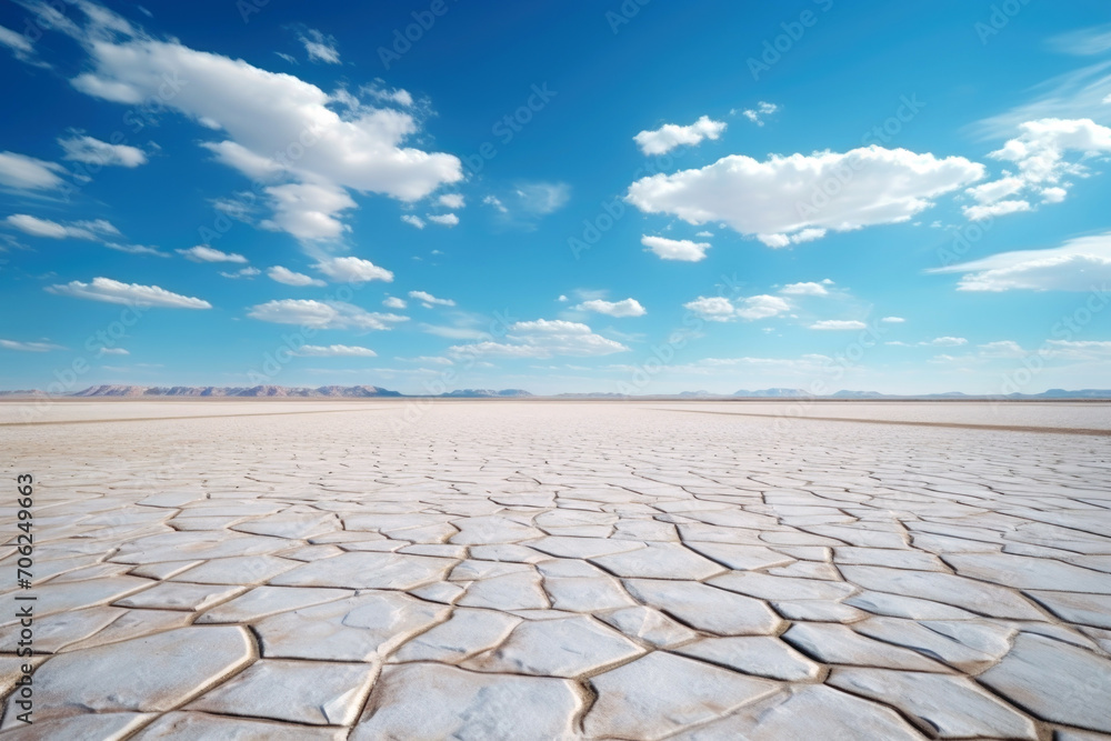Fototapeta premium Empty landscape background with white concrete ground tiling under blue sky on a sunny day