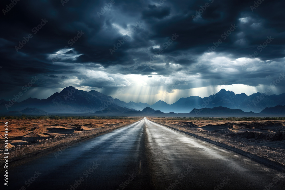 An empty highway perspective under dramatic stormy sky, travel background, low angle view