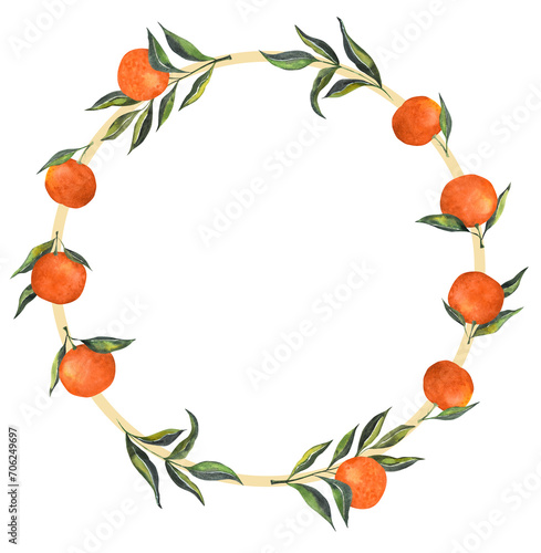 Round frame of tangerines. Isolated element on white background. Watercolor illustration
