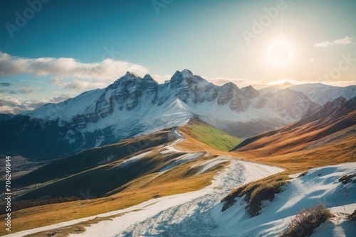 Panorama snow mountain spring landscape cloudy weather vibrant bright colors beautiful scenary vale hill generative ai