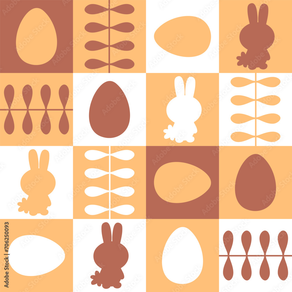 Easter pattern with simple chocolate rabbits and eggs silhouettes. Perfect print for tablecloth, textile and fabric. Great design for any project.