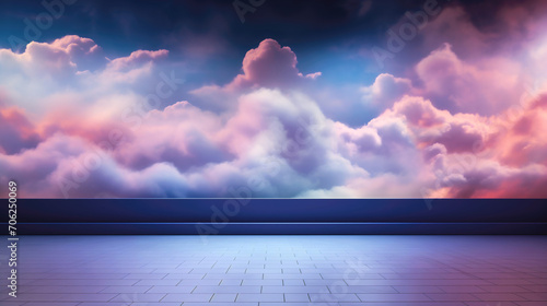 Empty beautiful background with interior for advertising and presentation design. Image for selling goods on the website and marketplaces. Epic volumetric clouds, neon lighting. Multicolored gradient.