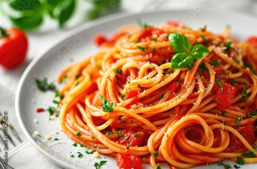 Classic Spaghetti in Tomato Sauce Garnished with Fresh Basil and Parmesan