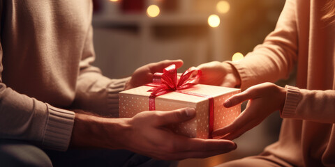 happy valentines day surprise gift box with red ribbon, man and woman exchanging and giving romantic present in valentine's day home celebration, concept of loving couple relationship