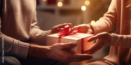 happy valentines day surprise gift box with red ribbon, man and woman exchanging and giving romantic present in valentine's day home celebration, concept of loving couple relationship photo