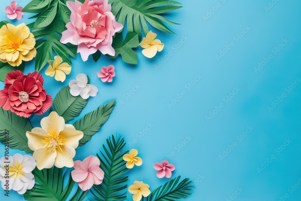 Top view of colorful paper cut flowers on colorful background with copy space. Top view of colorful paper cut flowers on colorful background with copy space.