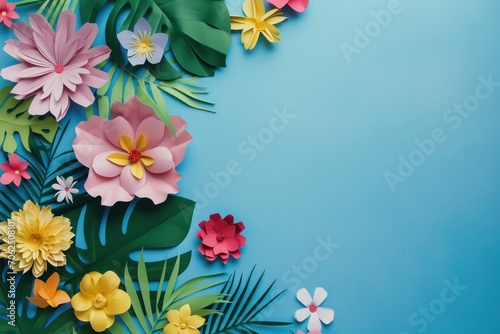 Top view of colorful paper cut flowers on colorful background with copy space.