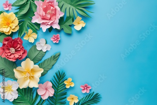Top view of colorful paper cut flowers on colorful background with copy space. © ant