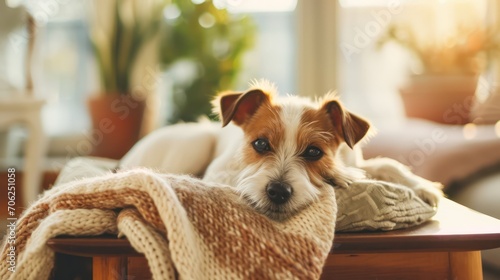 Fototapeta Naklejka Na Ścianę i Meble -  A cute dog on a table, embodying a cozy, hygge concept. Ample copy space