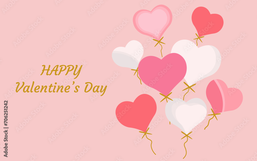 Bright festive background banner for Valentine's Day. A bunch of pink balloons. Pink hearts and happy valentine's day text on a pink background. Hand drawn vector cartoon illustration.