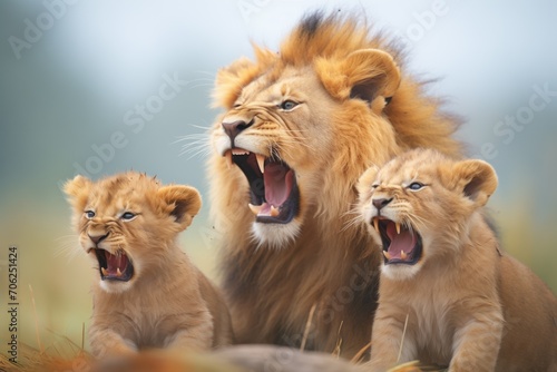 lion teaching cubs to roar