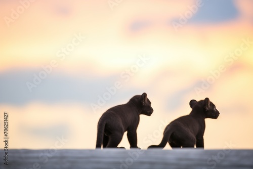 silhouetted pride at sunset, cubs playing © primopiano
