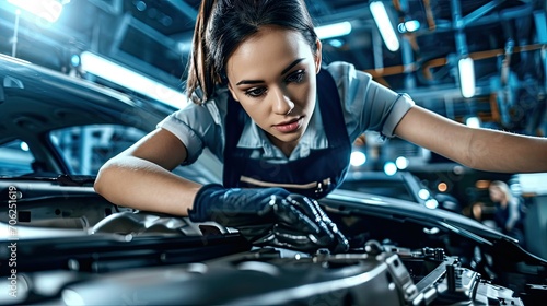 The automotive assembly line thrives with the expertise of women, their precision and dexterity evident in each carefully crafted car, embodying the power of female talent in manufacturing. photo