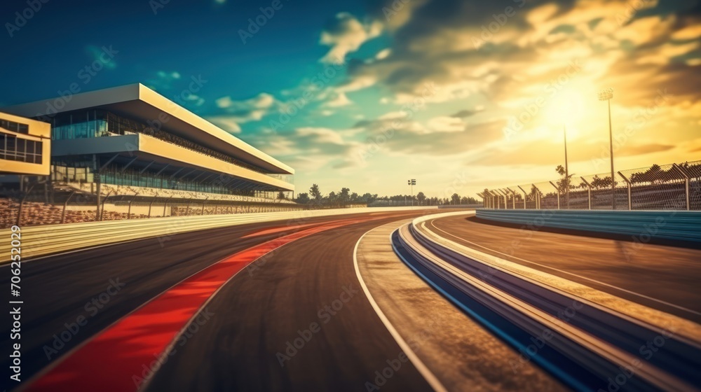 F1 race track circuit road with motion blur and grandstand stadium for Formula One racing. - obrazy, fototapety, plakaty 