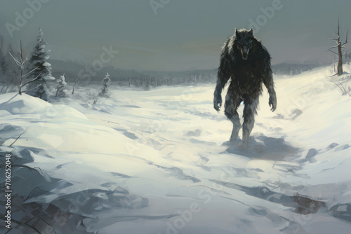 A werewolf hunting in a snowy landscape, with traces of footprints leading away