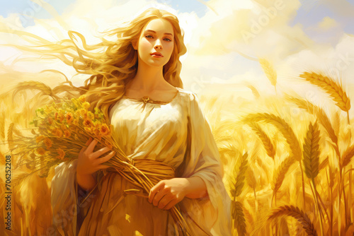 
Illustration of Demeter, goddess of the harvest, amidst a bountiful field of golden wheat, with a cornucopia in her hands photo