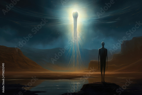  Mystical illustration of a tall, slender alien with elongated limbs and a shimmering aura, standing in an ethereal landscape