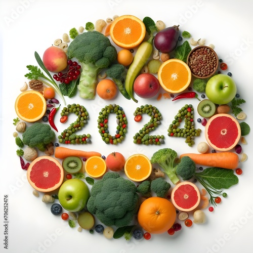 The New Year 2024 is made of vegetables and fruits, healthy food. Trends, healthy eating, goals concept. Generative AI.