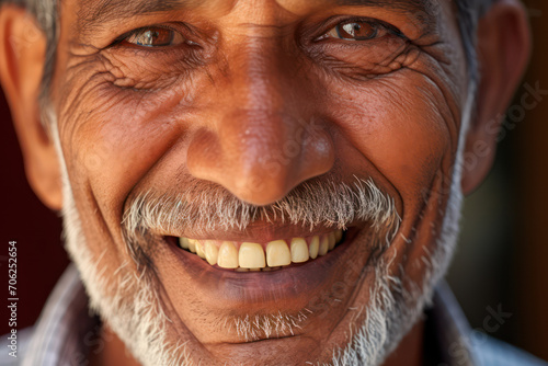 An elderly Hispanic man smiles because he managed to keep his teeth healthy