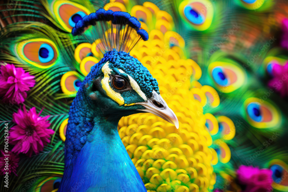 Obraz premium Peacocks, symbolizing grace and elegance, with their feathers adorned in bright Holi colors