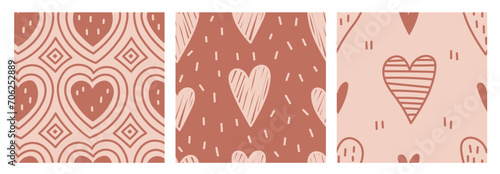 Valentines day doodle seamless pattern set. Modern collection of endless backgrounds with heart shapes in hand drawn style. Repeat vector illustration with scribbles and muted colors