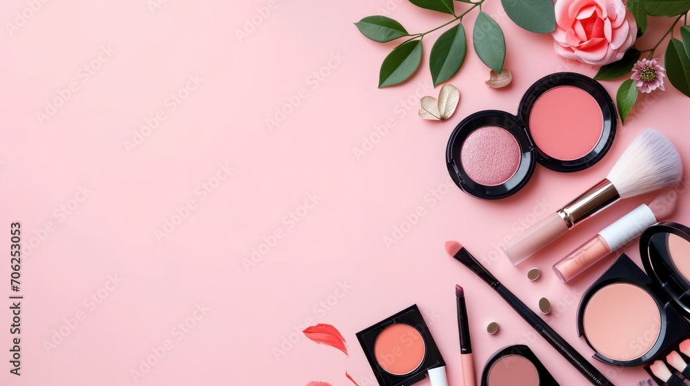 A banner-ready long web format designed for fashion and beauty blogging. Top-view composition of makeup products and decorative cosmetics against a peach-colored background, with ample copy space.
 - obrazy, fototapety, plakaty 