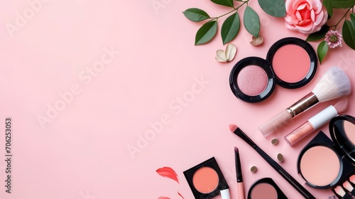 Obraz A banner-ready long web format designed for fashion and beauty blogging. Top-view composition of makeup products and decorative cosmetics against a peach-colored background, with ample copy space.
