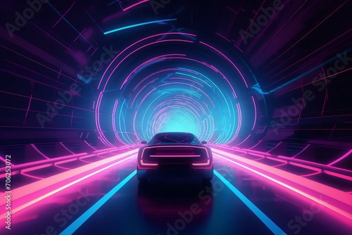 Illustration of a futuristic car speeding through a vibrant tunnel of blue and pink lights. Generative AI