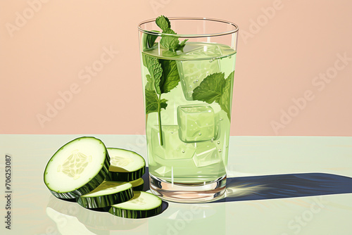 An artistically rendered depiction of a glass of refreshing cucumber and melon juice, emphasizing the minimalist design and natural vibrancy of the ingredients.